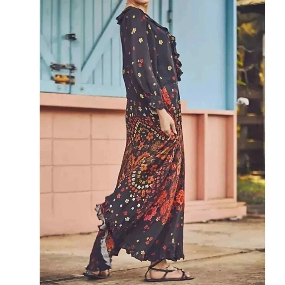 Free People Talsey ruffled‎ Maxi Dress in black combo size small